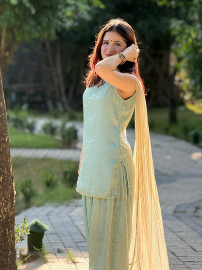 Mint Green Embroidered Kurta Salwar Suit with Net Dupatta for Women