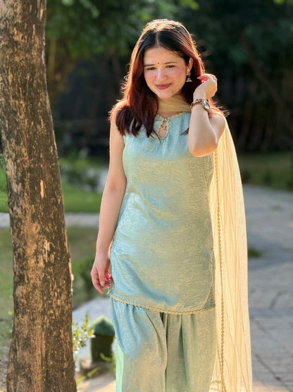 Mint Green Embroidered Kurta Salwar Suit with Net Dupatta for Women