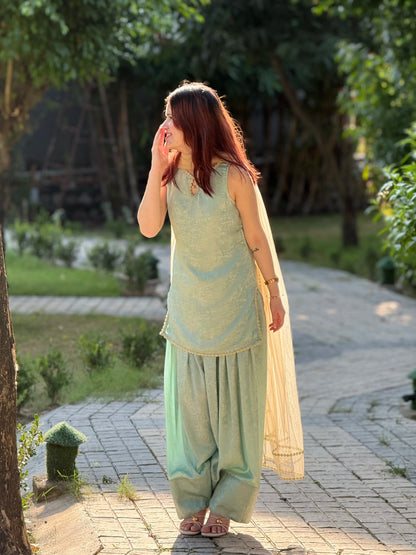 Mint Green Embroidered Kurta Salwar Suit with Net Dupatta for Women