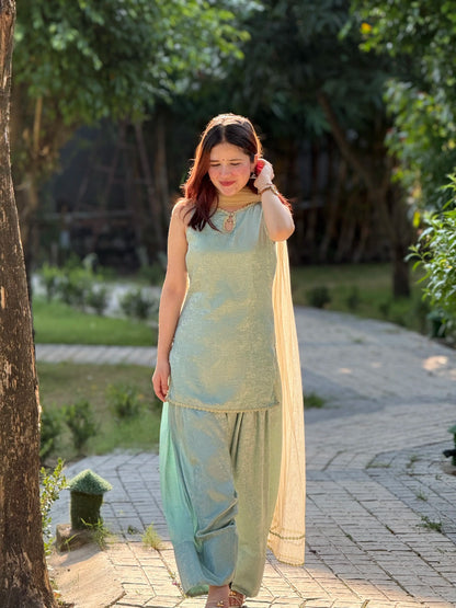 Mint Green Embroidered Kurta Salwar Suit with Net Dupatta for Women