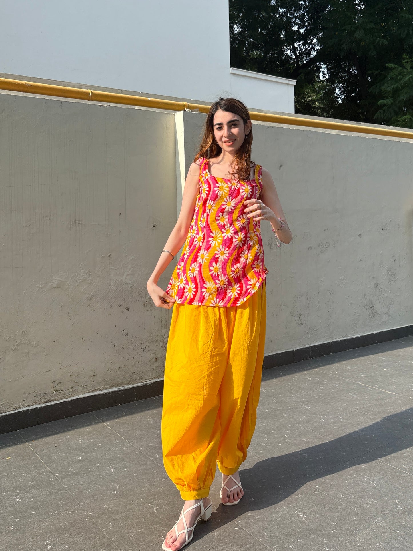 Sunshine Bloom Floral Printed Sleeveless Kurti with Yellow Patiala Salwar Co-Ord Set for Women