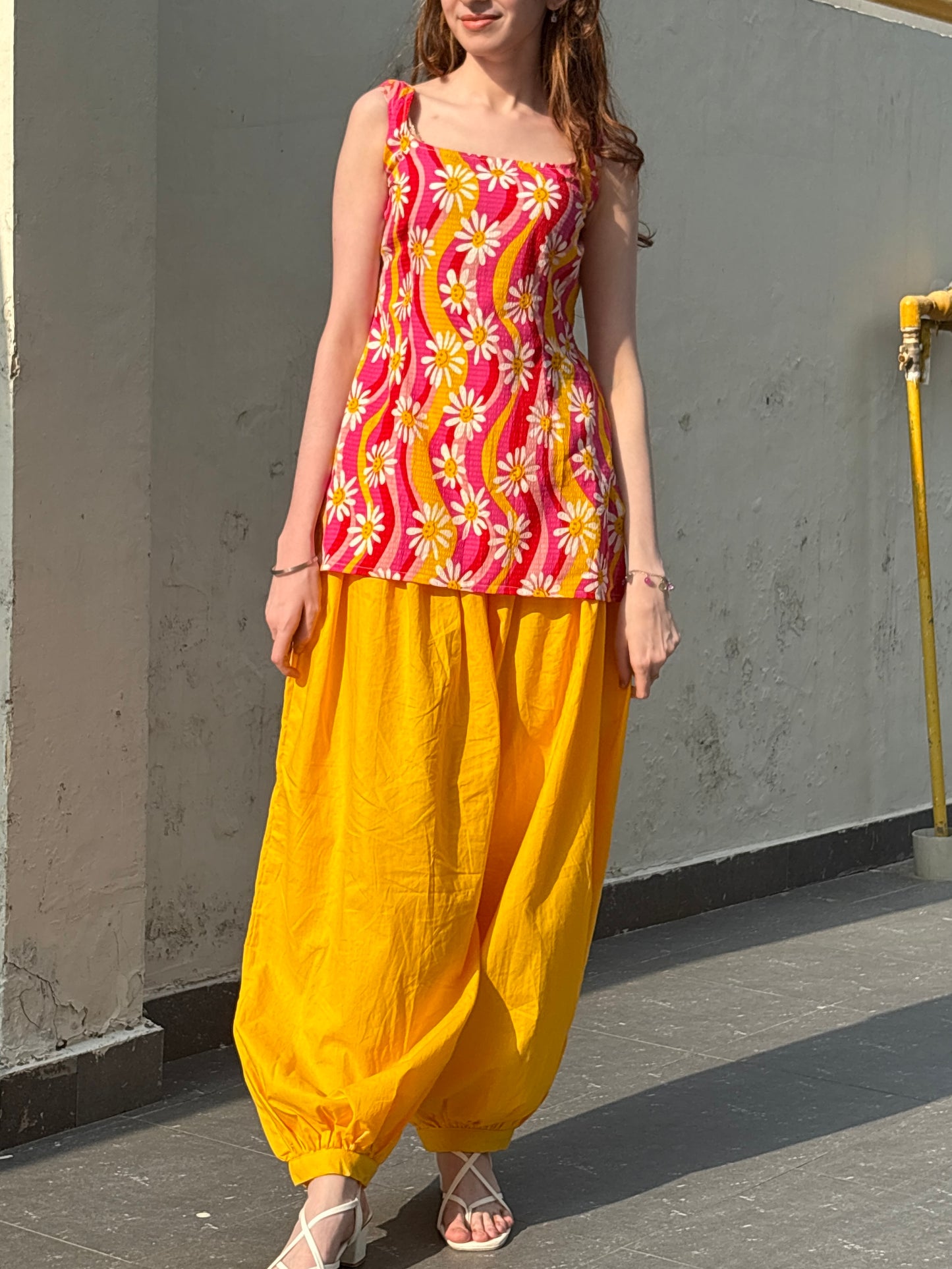 Sunshine Bloom Floral Printed Sleeveless Kurti with Yellow Patiala Salwar Co-Ord Set for Women