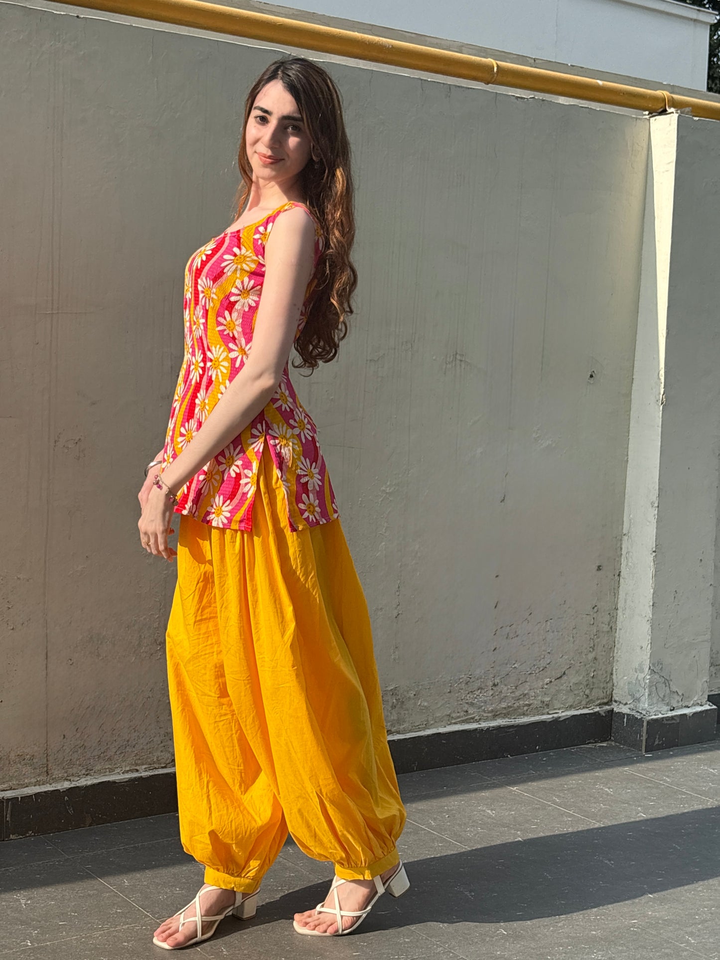 Sunshine Bloom Floral Printed Sleeveless Kurti with Yellow Patiala Salwar Co-Ord Set for Women