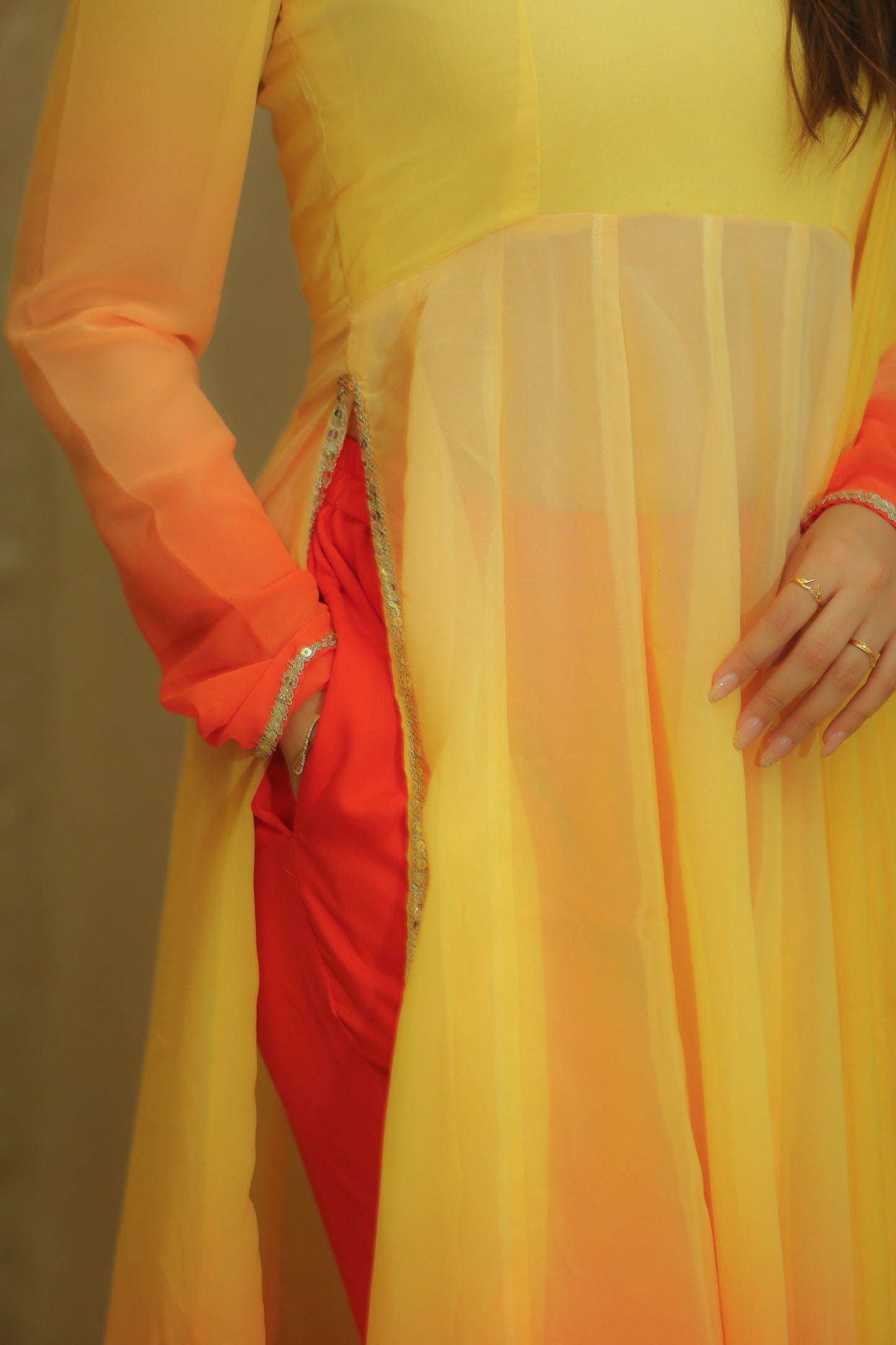 Yellow and Orange Ombre Georgette Pleated Anarkali Suit Set.