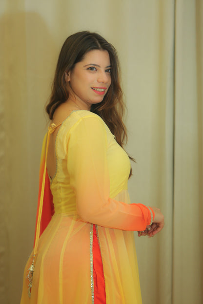 Yellow and Orange Ombre Georgette Pleated Anarkali Suit Set.