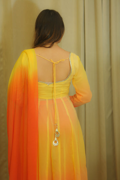 Yellow and Orange Ombre Georgette Pleated Anarkali Suit Set.