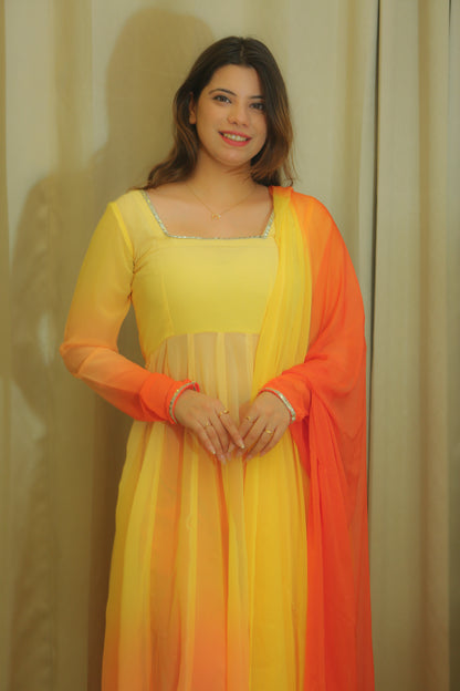 Yellow and Orange Ombre Georgette Pleated Anarkali Suit Set.