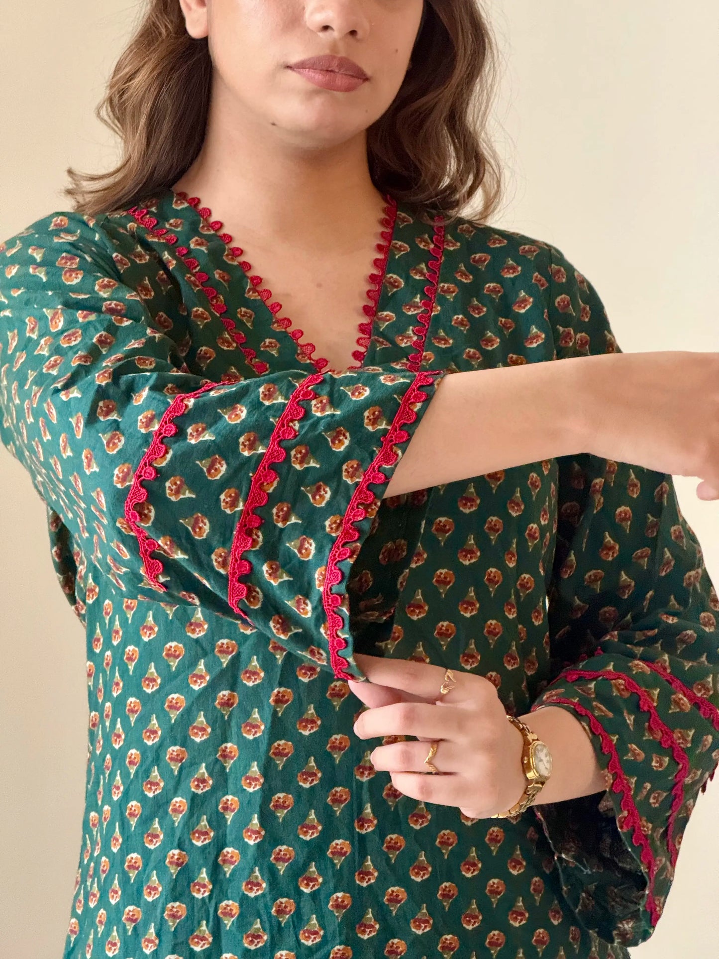 Emerald Green Printed Kurta Set with Red Dupatta | Elegant Festive Wear