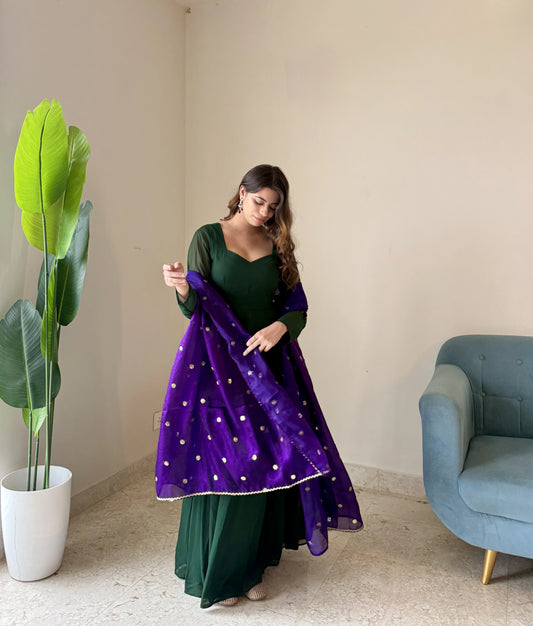 Emerald Green Anarkali Suit with Purple Organza Dupatta | Elegant Festive Wear