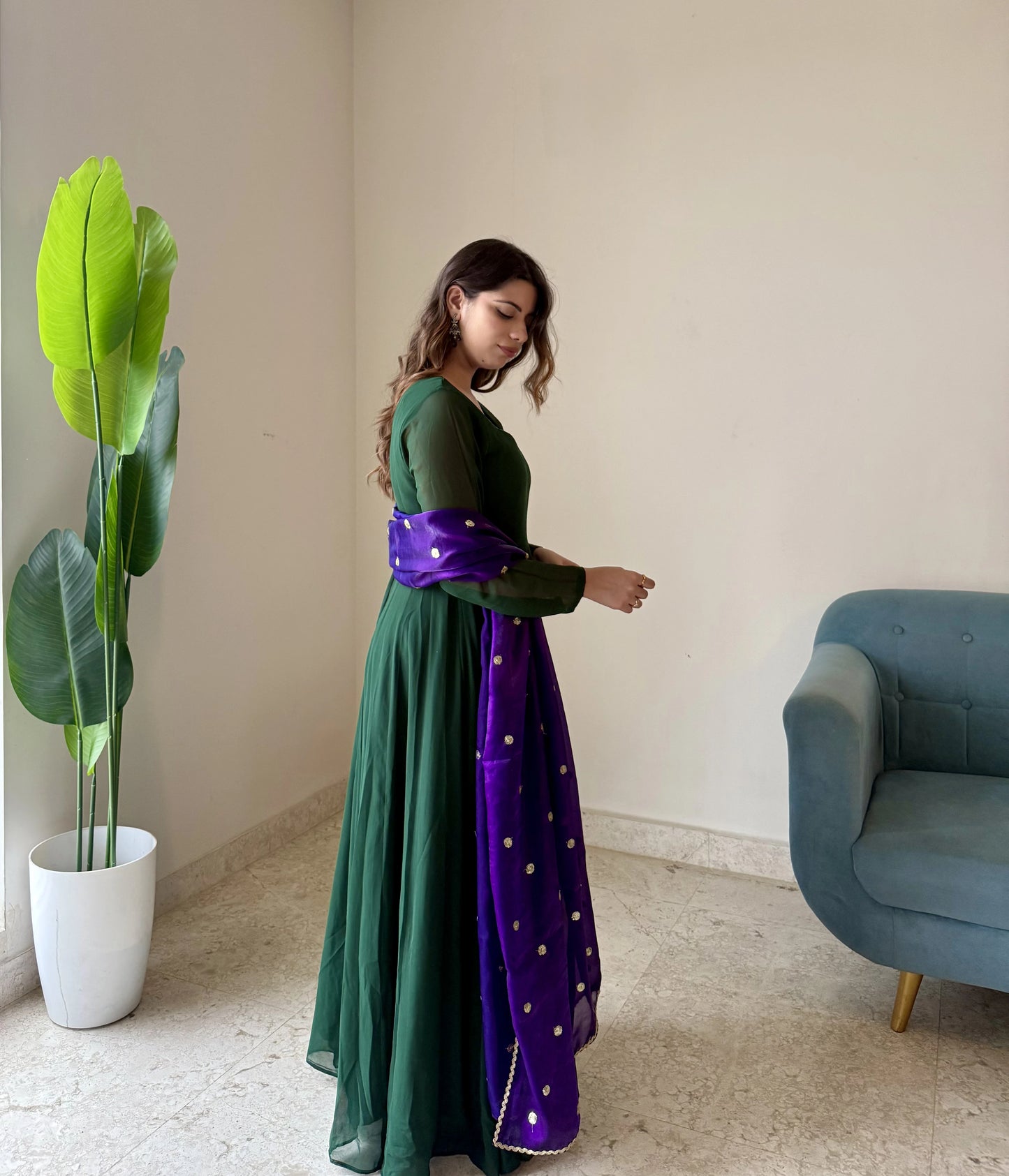 Emerald Green Anarkali Suit with Purple Organza Dupatta | Elegant Festive Wear