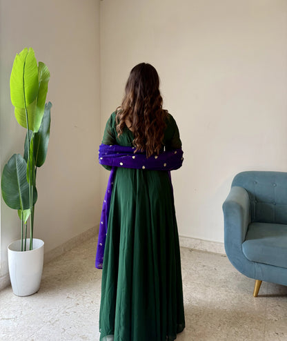 Emerald Green Anarkali Suit with Purple Organza Dupatta | Elegant Festive Wear