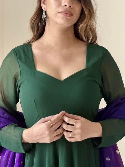 Emerald Green Anarkali Suit with Purple Organza Dupatta | Elegant Festive Wear
