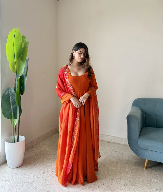 Rust Orange Anarkali Suit with Embroidered Red Dupatta | Festive & Wedding Wear