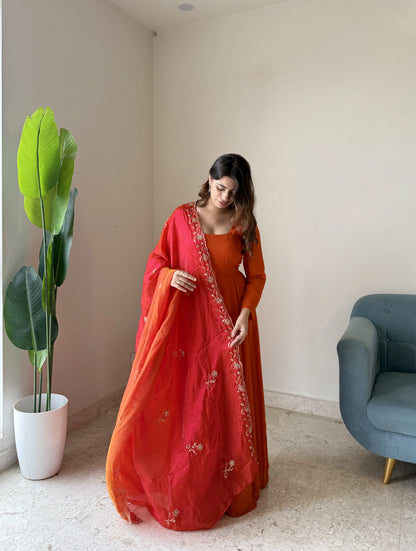 Rust Orange Anarkali Suit with Embroidered Red Dupatta | Festive & Wedding Wear