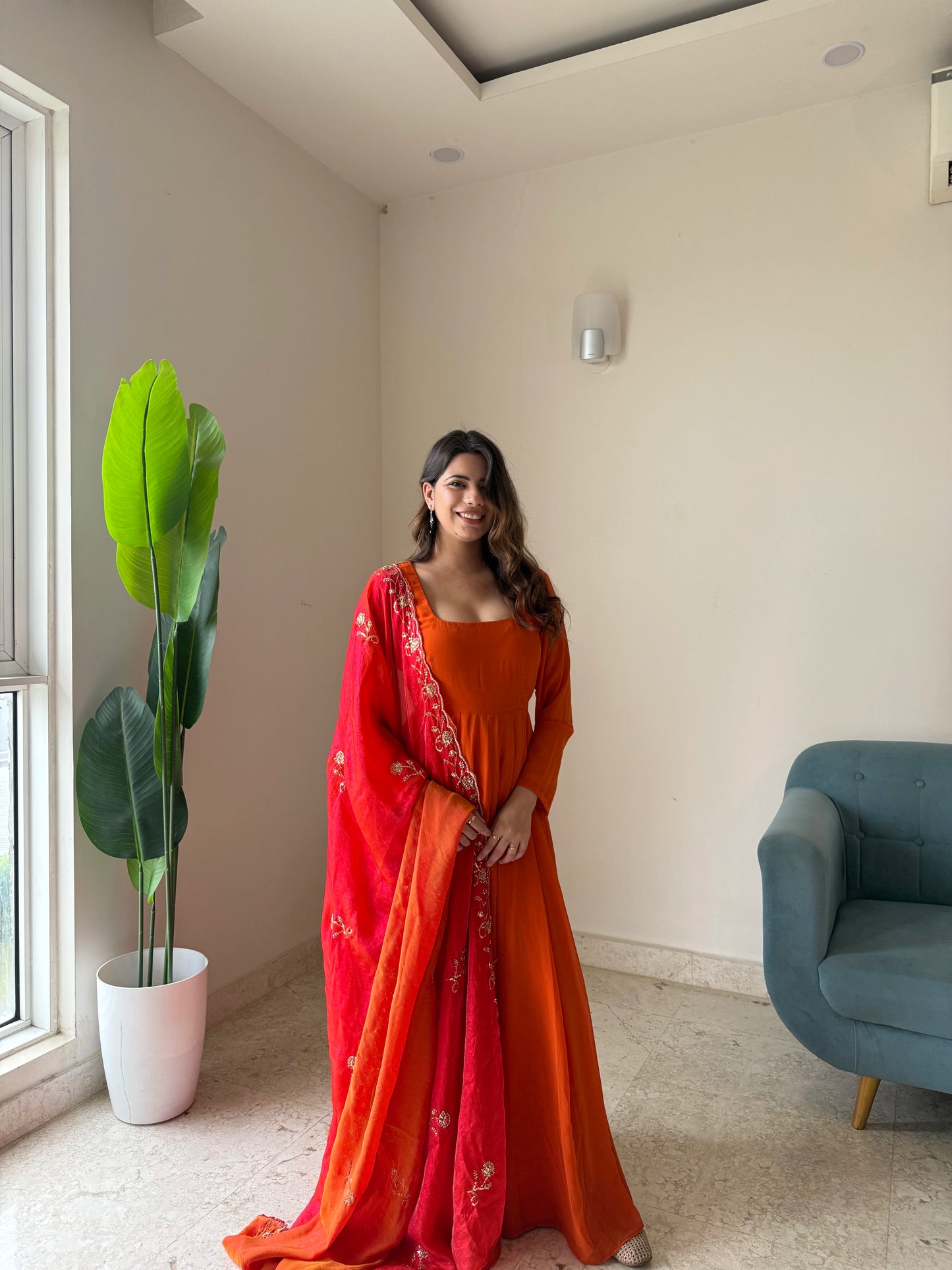 Rust Orange Anarkali Suit with Embroidered Red Dupatta | Festive & Wedding Wear