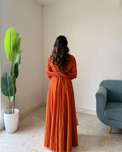 Rust Orange Anarkali Suit with Embroidered Red Dupatta | Festive & Wedding Wear