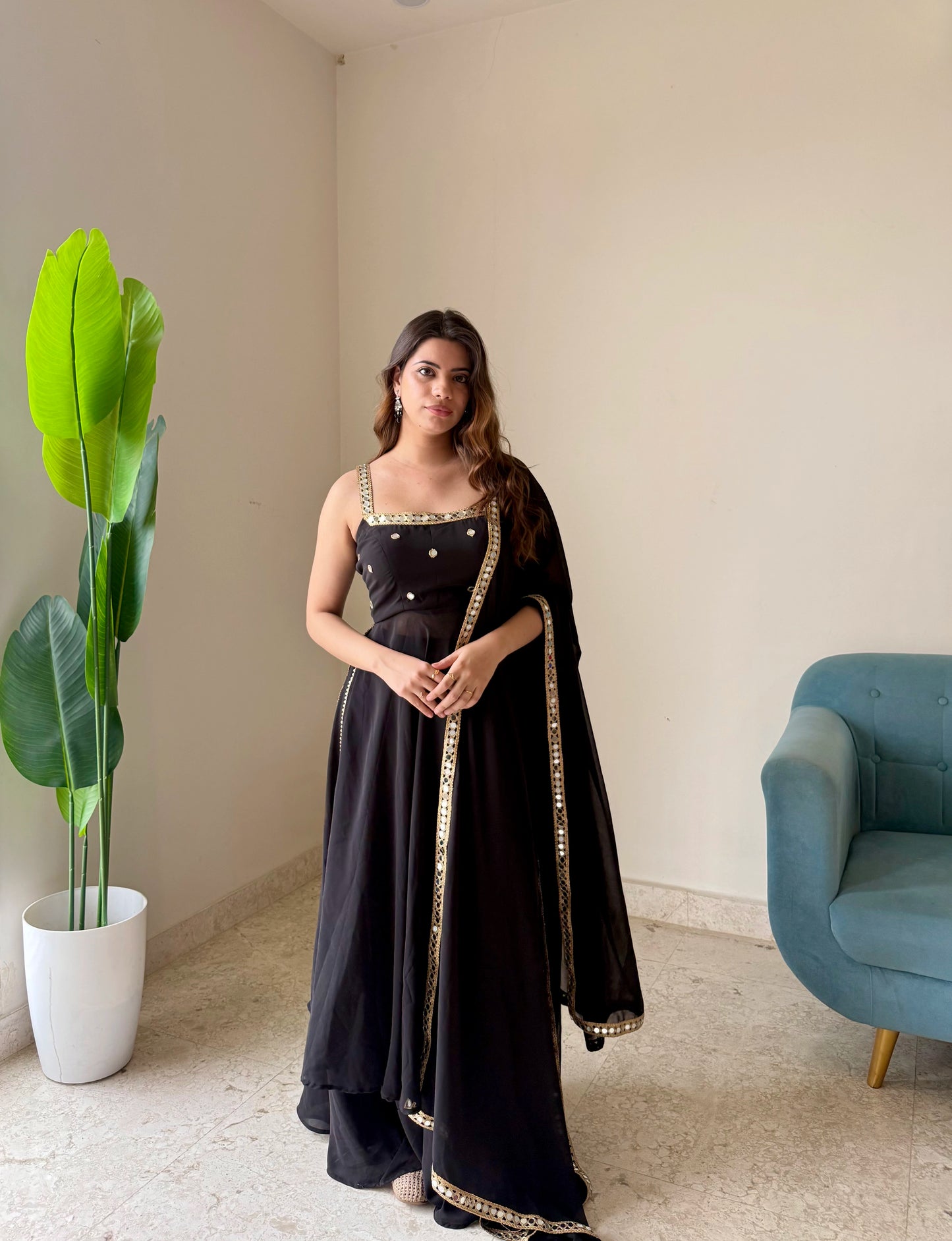 Black Mirror Work Anarkali Suit with Dupatta | Elegant Festive & Party Wear