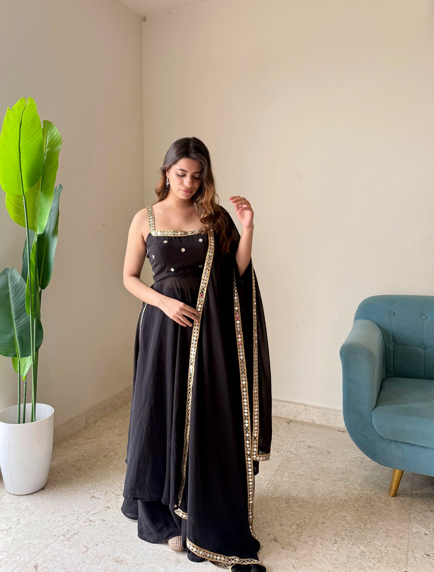 Black Mirror Work Anarkali Suit with Dupatta | Elegant Festive & Party Wear