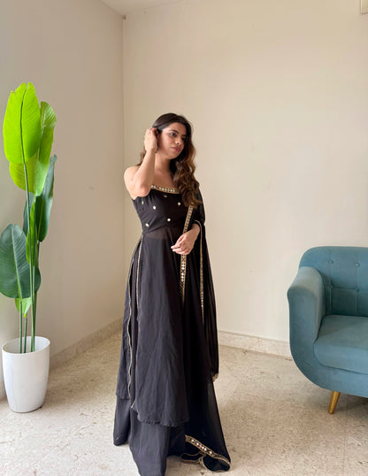 Black Mirror Work Anarkali Suit with Dupatta | Elegant Festive & Party Wear