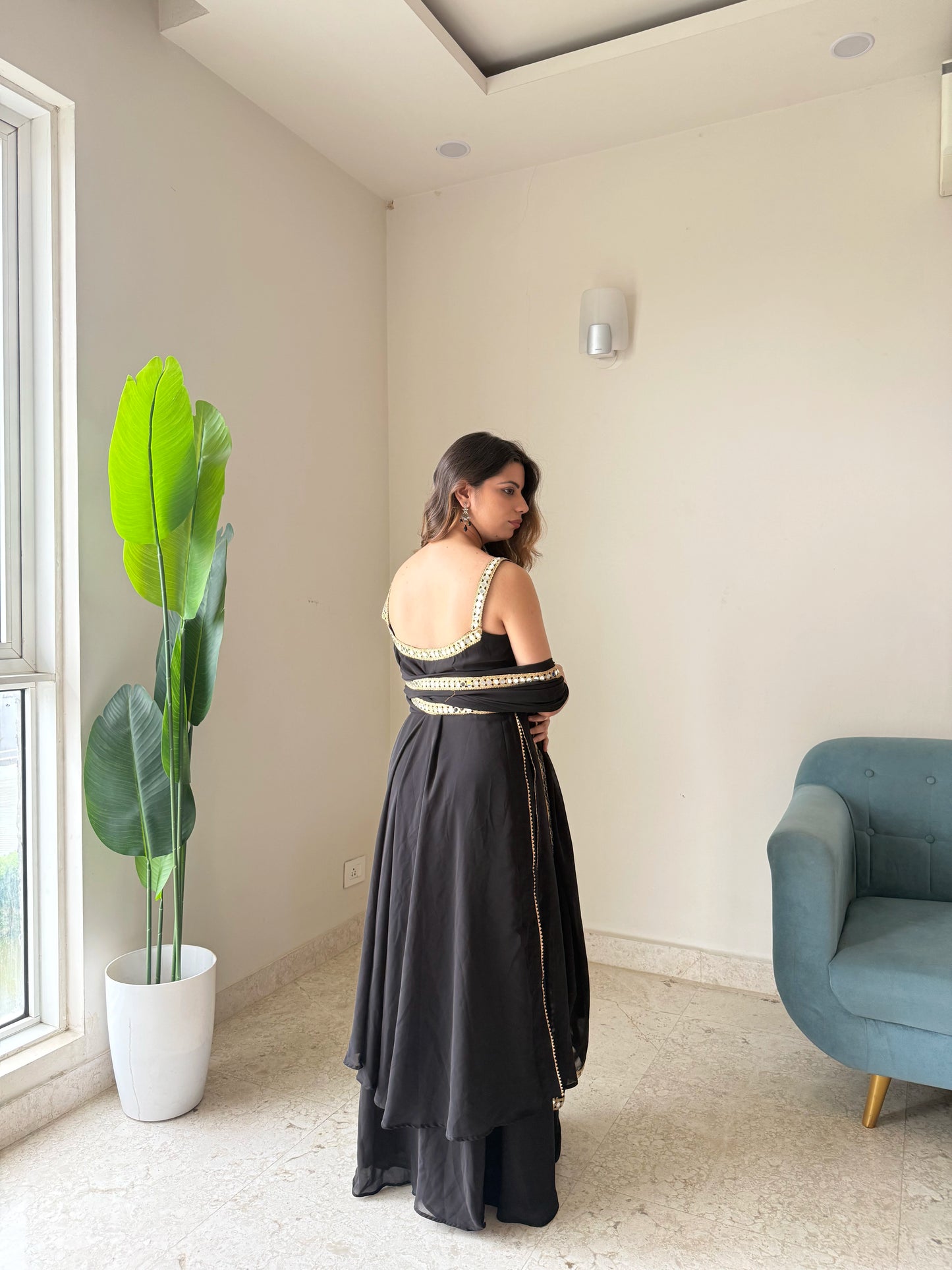 Black Mirror Work Anarkali Suit with Dupatta | Elegant Festive & Party Wear