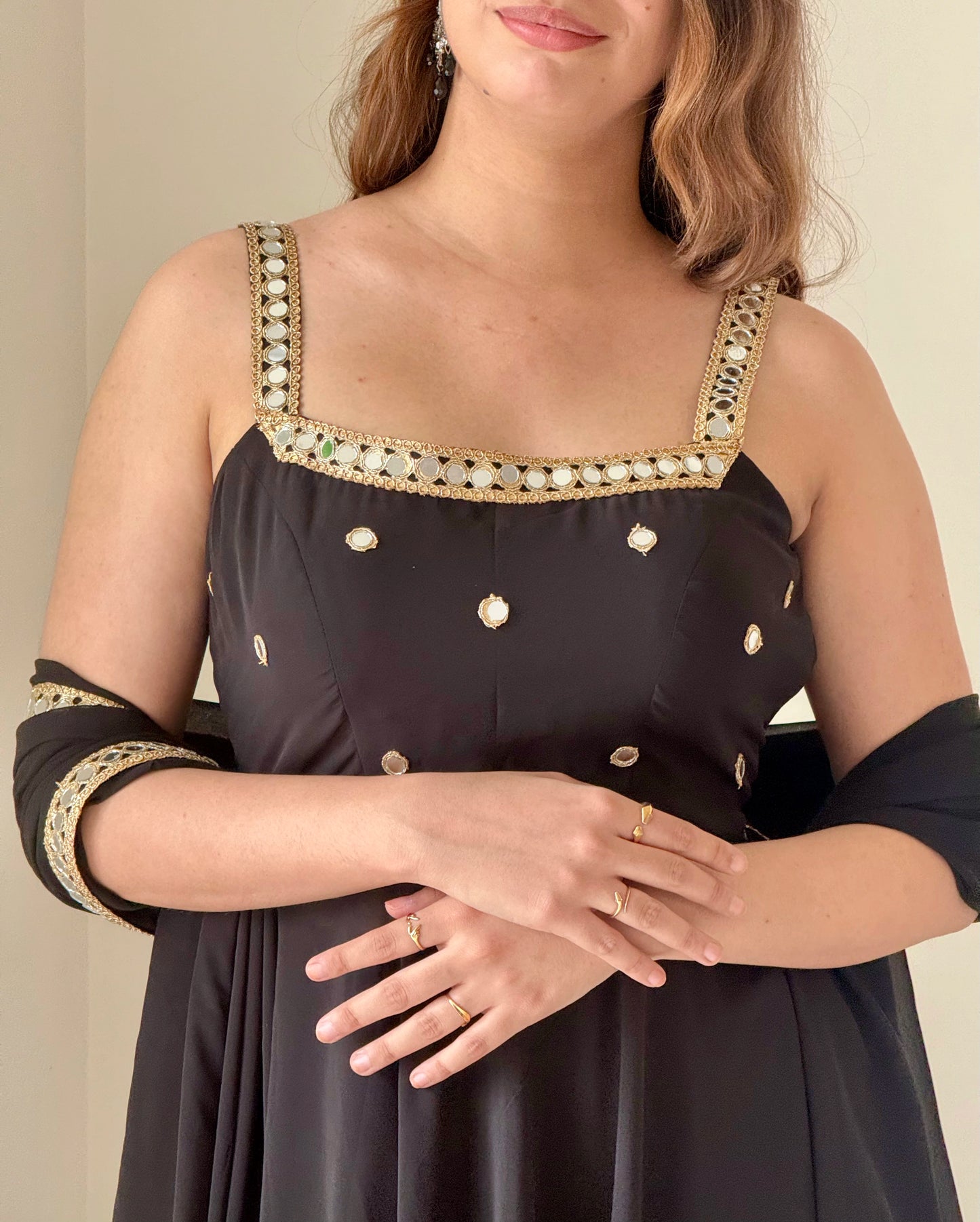 Black Mirror Work Anarkali Suit with Dupatta | Elegant Festive & Party Wear