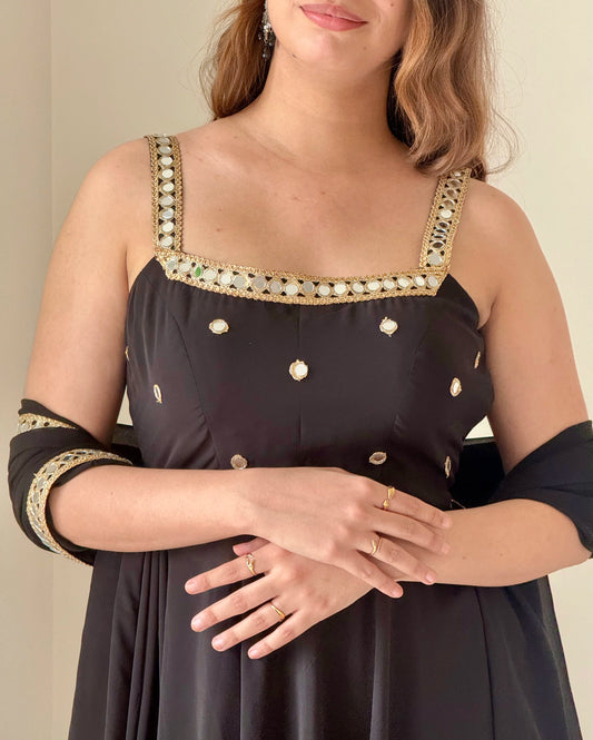 Black Mirror Work Anarkali Suit with Dupatta | Elegant Festive & Party Wear