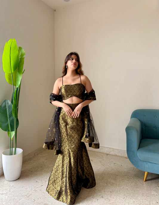 Black & Gold Brocade Mermaid Lehenga Set with Net Dupatta | Premium Festive & Wedding Wear