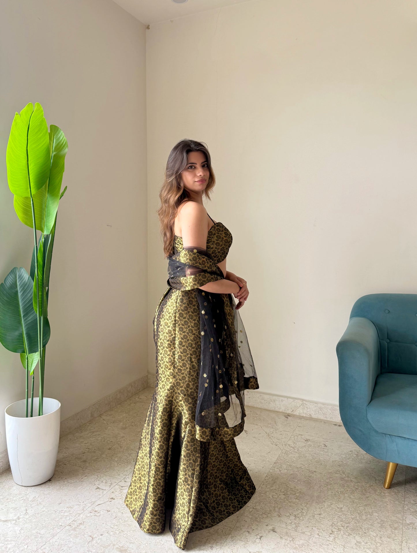 Black & Gold Brocade Mermaid Lehenga Set with Net Dupatta | Premium Festive & Wedding Wear