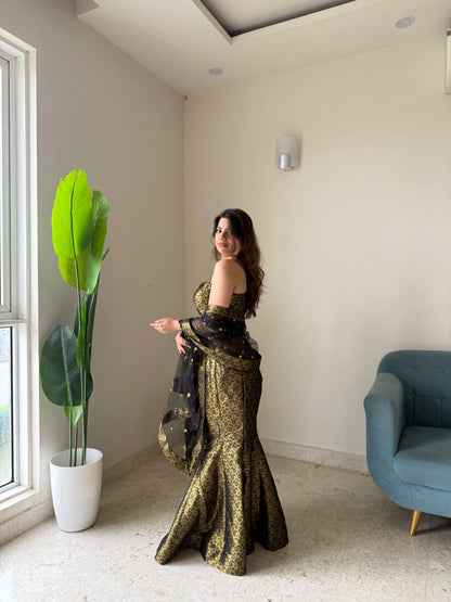 Black & Gold Brocade Mermaid Lehenga Set with Net Dupatta | Premium Festive & Wedding Wear