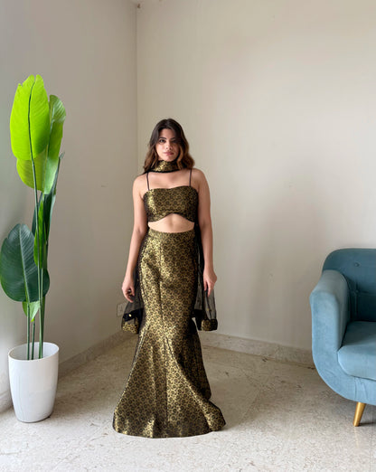 Black & Gold Brocade Mermaid Lehenga Set with Net Dupatta | Premium Festive & Wedding Wear