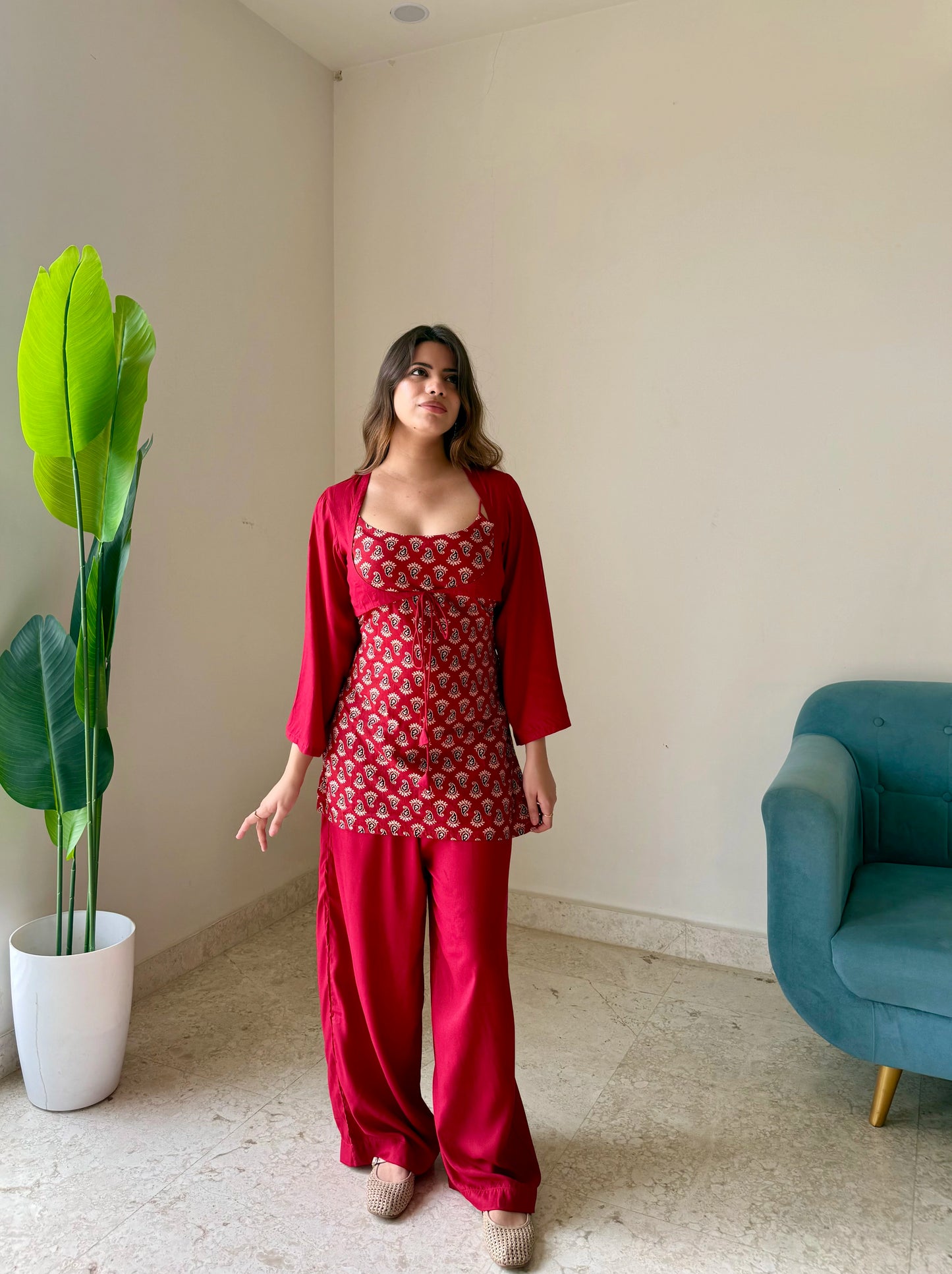 Maroon Printed Co-ord Set with Shrug | Elegant Ethnic Co-Ord for Women