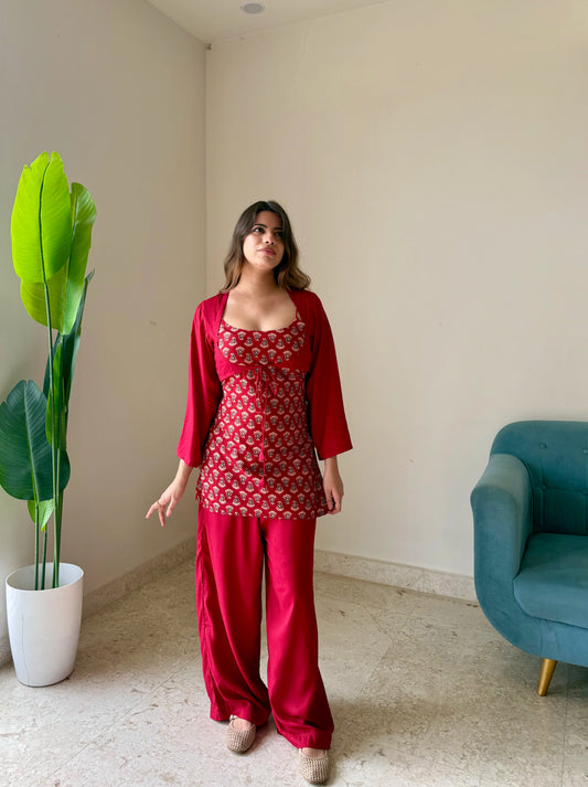 Maroon Printed Co-ord Set with Shrug | Elegant Ethnic Co-Ord for Women