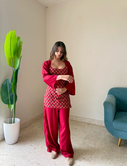 Maroon Printed Co-ord Set with Shrug | Elegant Ethnic Co-Ord for Women