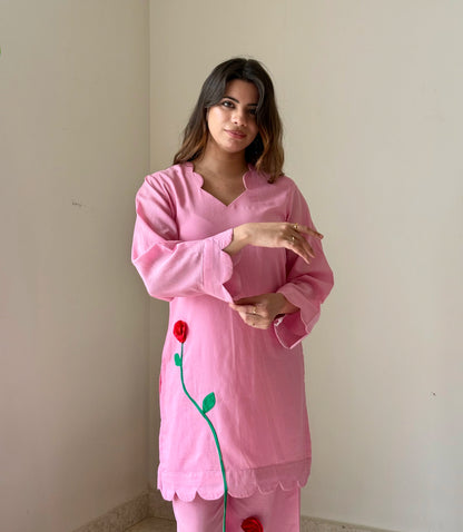 Blush Pink Floral Appliqué Kurta Set | Elegant Cotton Ethnic Wear