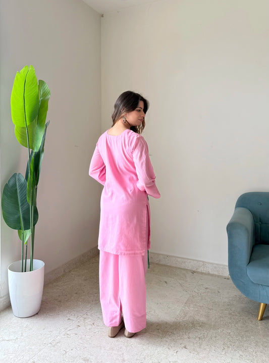 Blush Pink Floral Appliqué Kurta Set | Elegant Cotton Ethnic Wear