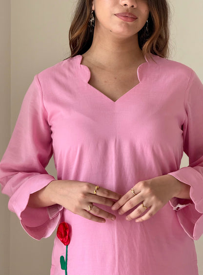 Blush Pink Floral Appliqué Kurta Set | Elegant Cotton Ethnic Wear