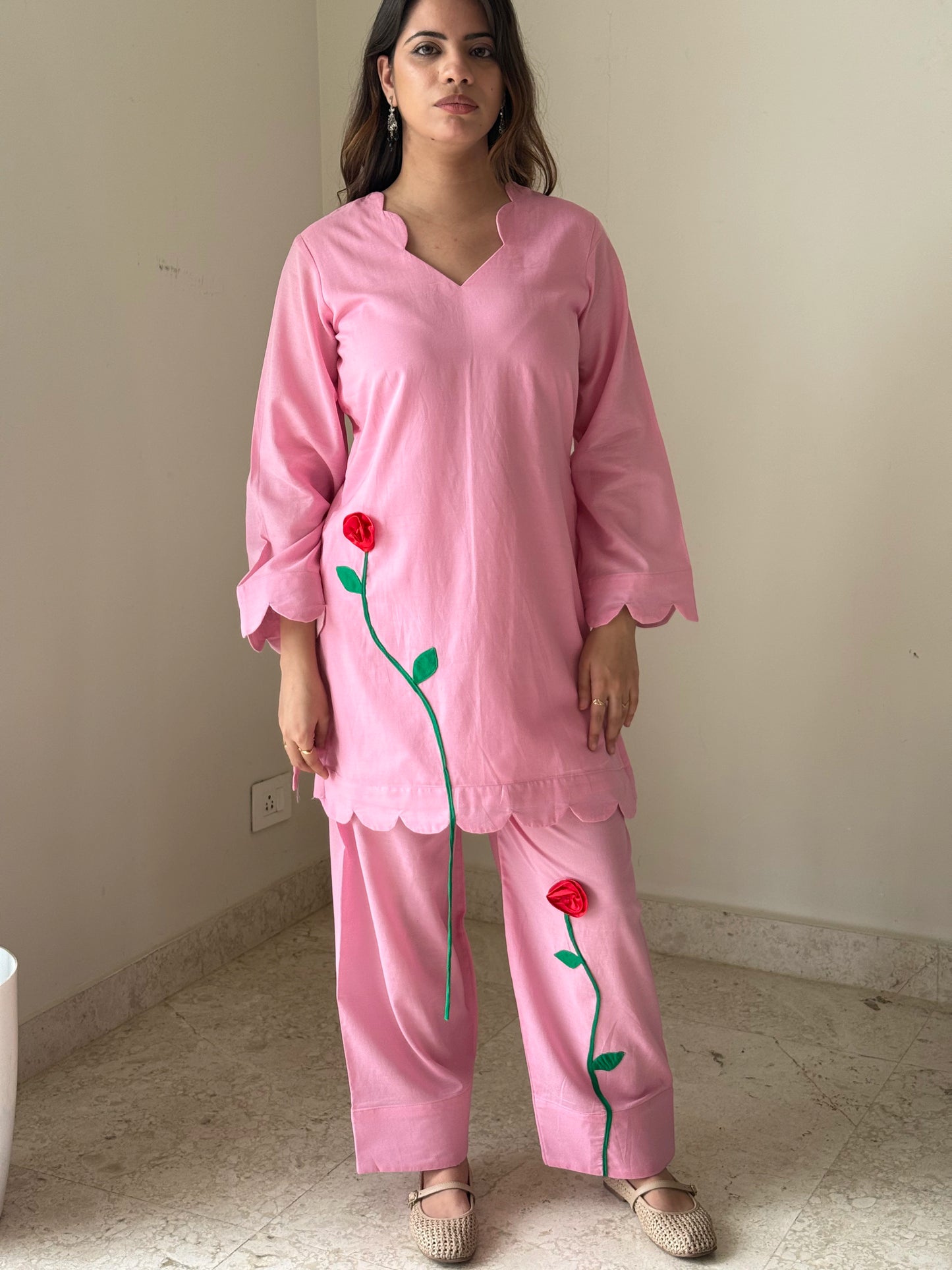 Blush Pink Floral Appliqué Kurta Set | Elegant Cotton Ethnic Wear