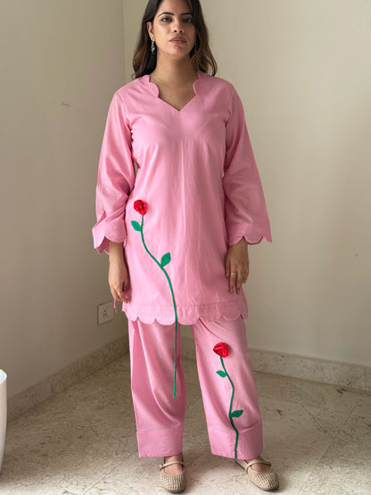 Blush Pink Floral Appliqué Kurta Set | Elegant Cotton Ethnic Wear