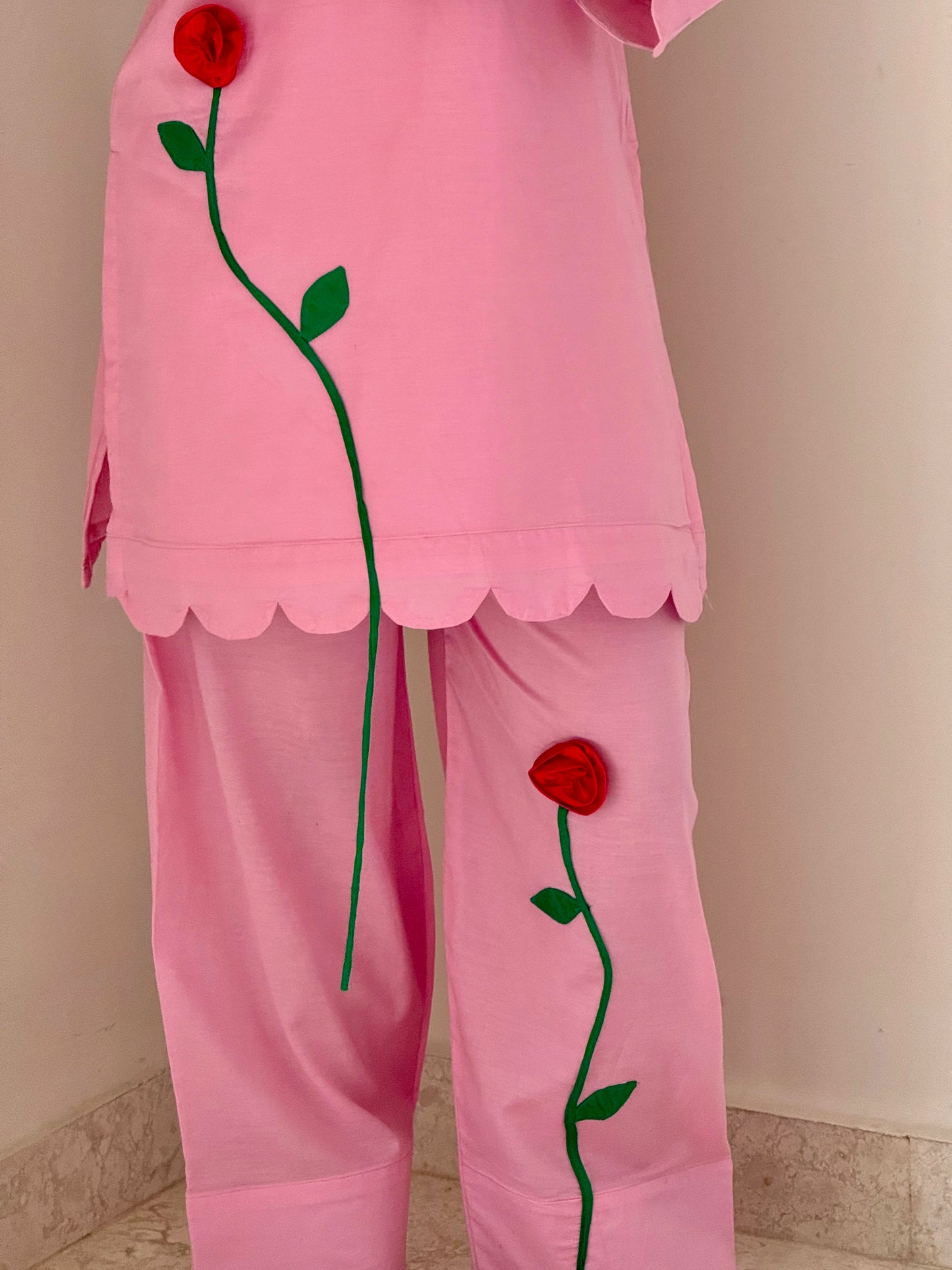 Blush Pink Floral Appliqué Kurta Set | Elegant Cotton Ethnic Wear