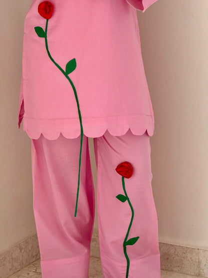 Blush Pink Floral Appliqué Kurta Set | Elegant Cotton Ethnic Wear