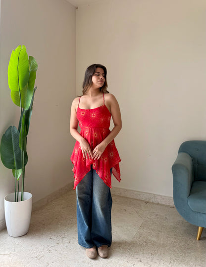 Red Embellished Asymmetrical Peplum Top | Women's Party & Casual Wear