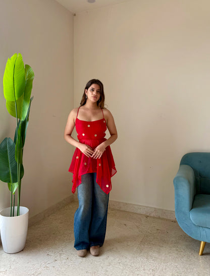 Red Embellished Asymmetrical Peplum Top | Women's Party & Casual Wear