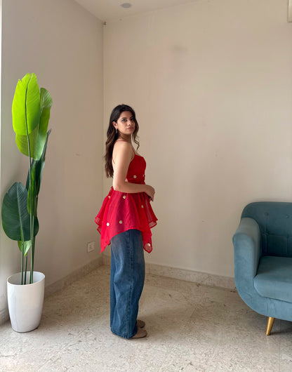 Red Embellished Asymmetrical Peplum Top | Women's Party & Casual Wear