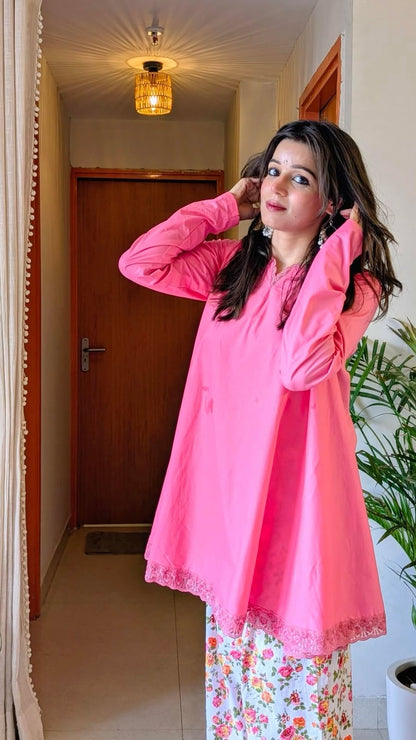 Blush Bloom Cotton Co-ord Set – Pink Lace Kurta with Floral Palazzo