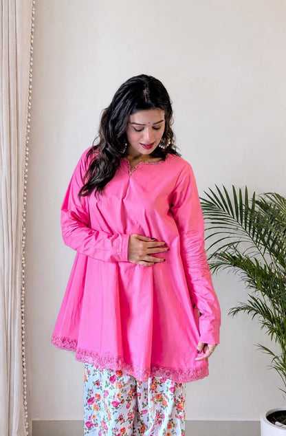 Blush Bloom Cotton Co-ord Set – Pink Lace Kurta with Floral Palazzo