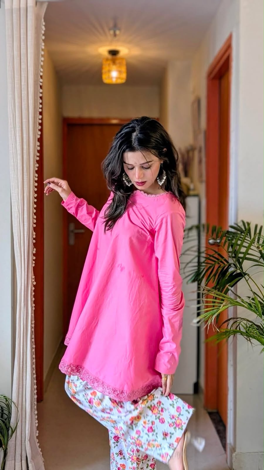 Blush Bloom Cotton Co-ord Set – Pink Lace Kurta with Floral Palazzo