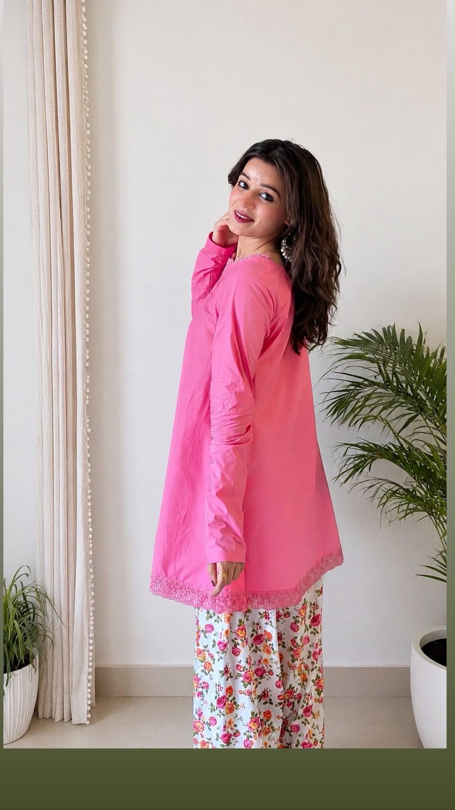 Blush Bloom Cotton Co-ord Set – Pink Lace Kurta with Floral Palazzo