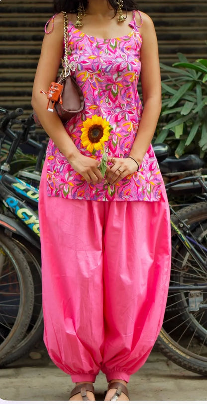 Pink Floral Printed Kurta with Solid Patiala Salwar Co-Ord Set for Women