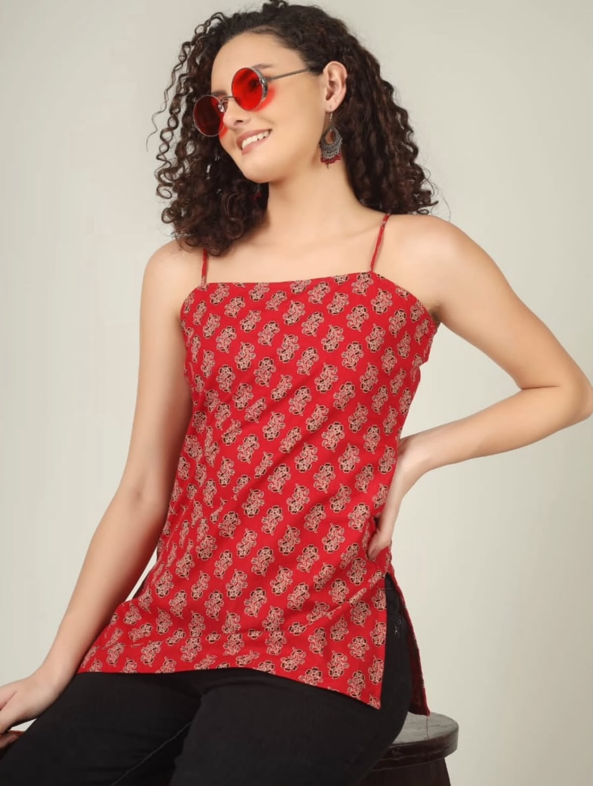 Red Printed Floral Spaghetti Strap Top for Women | Stylish Casual Sleeveless Top