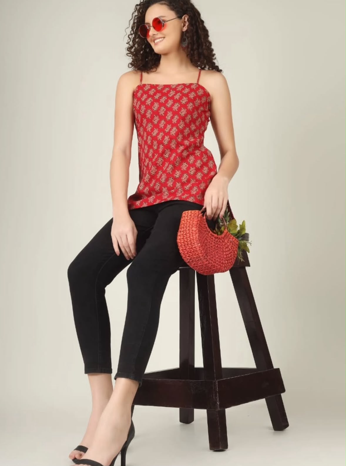 Red Printed Floral Spaghetti Strap Top for Women | Stylish Casual Sleeveless Top